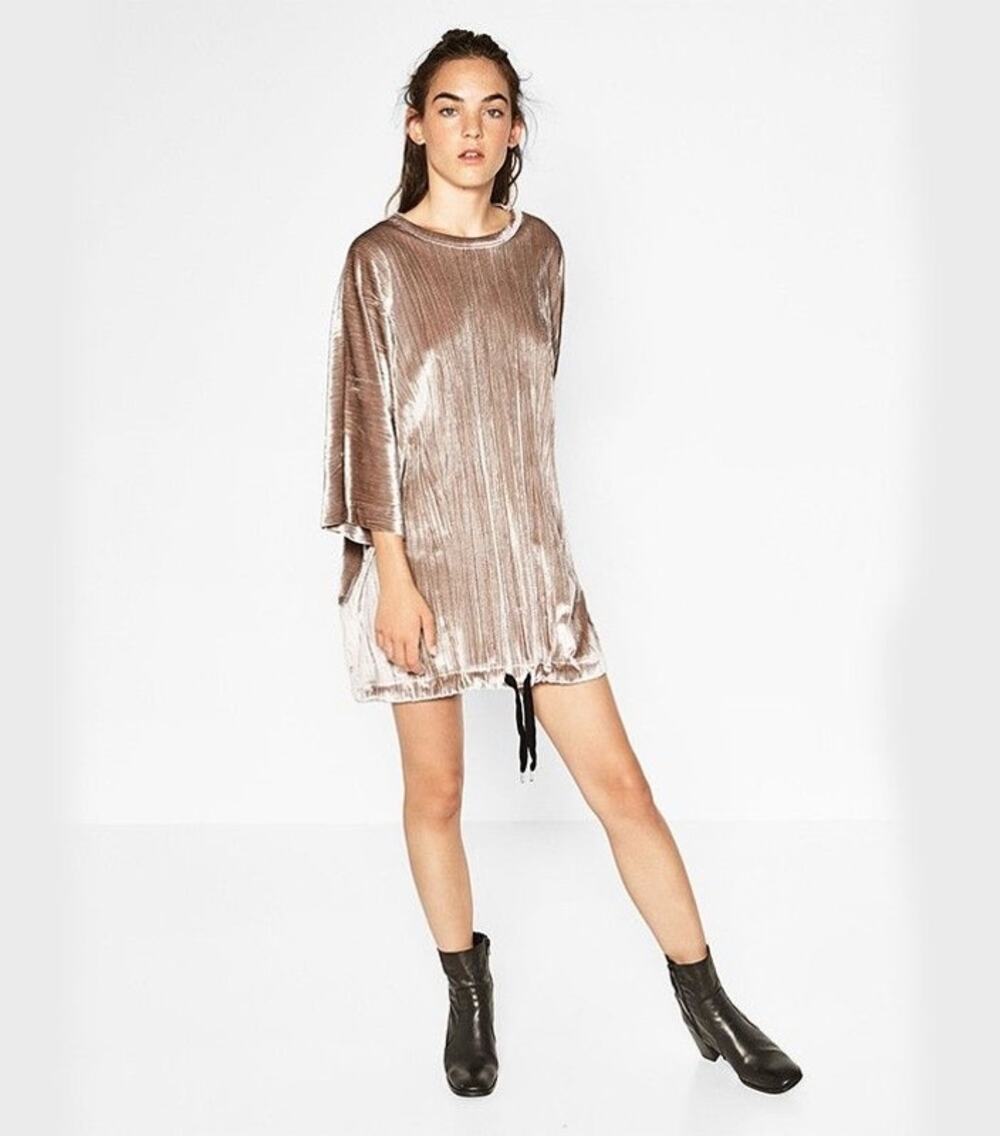 Zara Mauve Velvet Tunic Dress Short Sleeve Drawstring Hem Medium M